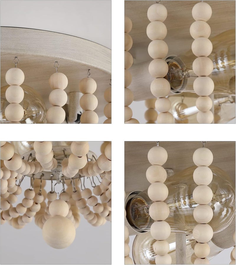 QS Boho Chandelier Wood Beaded Flush Mount Ceiling Light Fixtures for Nursery Baby Bedroom Kitchen Hallway,Oak White Finish,2-Lights - Image 5